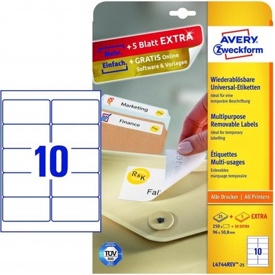 Avery-Zweckform L4744REV-25 96 x 50.8 mm papier biela 300 ks premiestniteľné univerzálne etikety atrament, laser, kópie 30 listov A4; L4744REV-25