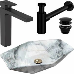 Rea Комплект за мивка за плот от гранит Rea Vegas 57 см, черен смесител за мивка Hansgrohe Vernis Shape 190 и черен вентил за мивка Click-Clack (5902557364213+71591670+5902557345298)
