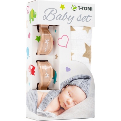 T-Tomi Baby set bambusová osuška hearts / srdíčka + kočárkový kolíček pink / růžová 338