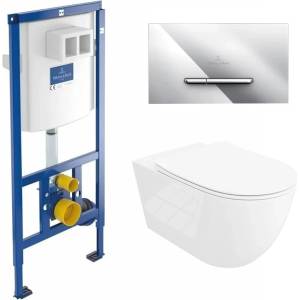 Rune Казанче за WC с вграждаща рамка Villeroy&Boch 112 см и бутон ViConnect, хром, плюс бяла тоалетна чиния Rune Ivaldi Grande с капак softclose (92242700+92218061+5940541334477)