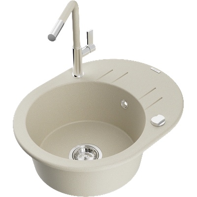 Mexen Kevin еднокамерен гранитен мивкa с капково отделение и кухненски смесител Flora, бежов - 6517-69-670401-09 (6517-69-670401-09)