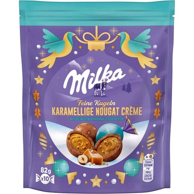 Milka jemné kuličky s nugátovým krémem s kousky karamelu 82 g