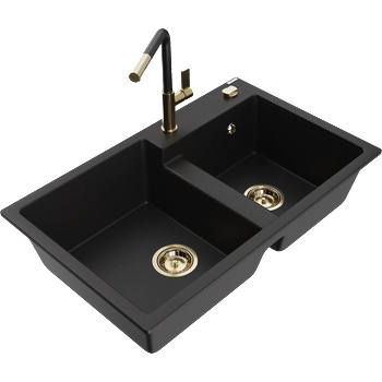 Mexen Tomas двумерен мивка от гранит с кухненски смесител Flora, черен - 6516-77-670401-57-G (6516-77-670401-57-G)