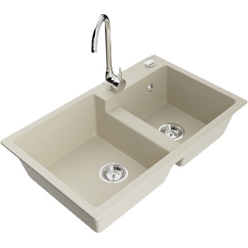 Mexen Tomas гранитна кухненска мивка с 2 корита и кухненски смесител Telma, бежов - 6516-69-670200-00 (6516-69-670200-00)