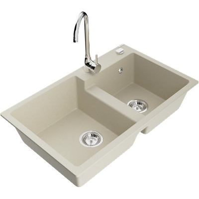 Mexen Tomas гранитна кухненска мивка с 2 корита и кухненски смесител Telma, бежов - 6516-69-670200-00 (6516-69-670200-00)