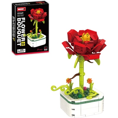 Woma Stavebnice květina s podstavcem, červená pivoňka, 128 ks