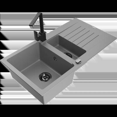 Matias гранитна мивка с 1, 5 камери с дренаж и кухненски смесител Rita, сив (6502-71-670300-70-B)