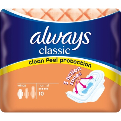 Always Дамски превръзки с крилца Always Classic - Normal, 10 броя
