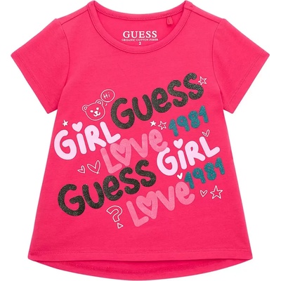 GUESS Коралова тениска с къс ръкав с цветни надписи отпред за момиче Guess