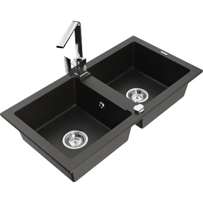 Mexen Mario кухненска мивка гранитна 2-коморова с кухненски смесител Rita, черен/златист металик - 6504-75-670300-00 (6504-75-670300-00)
