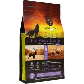 AMBROSIA HOLISTIC All breeds adult Fresh Venison Lamb - холистична храна за кучета от всички породи, с прeсен дивеч и агне - 2 кг, Франция