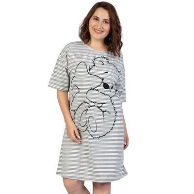 Макси нощница на райе в сиво, бяло и розово с мече