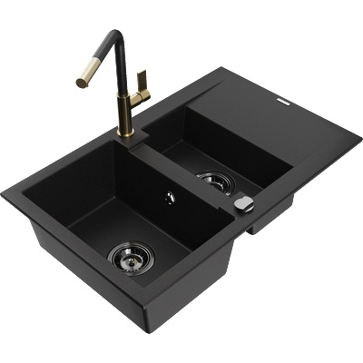 Mexen Gaspar гранитна мивка 1, 5-коморна с отцедник и кухненски смесител Flora, черна - 6507-77-670401-57-B (6507-77-670401-57-B)