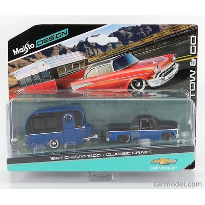 Maisto Chevrolet 1500 Pick-up With Trailer Roulotte 1987 Modrá Černá 1:64