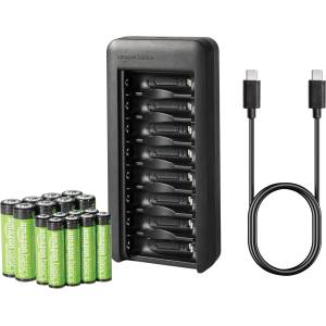 Amazon Basics Battery Set - consisting of 8 x AAA batteries - 800 mAh - + 8 x AA batteries - 2000 mAh - with a battery charger that holds 8 batteries - black. - HFR-AA2000-AAA800-HPTCH0036 (HFR-AA2000-AAA800-HPTCH0 Зарядно за батерии
