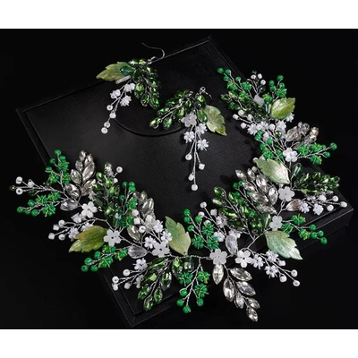 Naishide Jewelry Souprava ozdoby do vlasů s náušnicemi Leaf - stříbrná/ zelená
