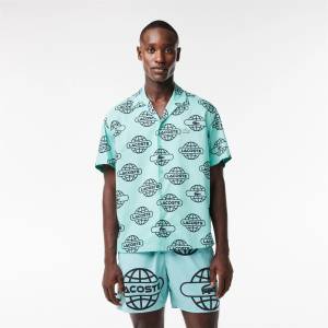 Lacoste Риза с къс ръкав Lacoste Men's Globe Print Cotton Short Sleeve Relaxed Fit Shirt - Mint/Black