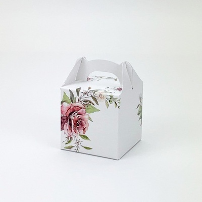 Krabička dárková s ouškem 5x5x5 cm - bílá s růží