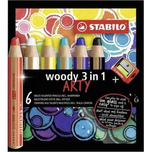 STABILO Комплект цветни моливи, Stabilo, Woody Arty 3 в 1 + острилка ST8806-1-20, 6 цвята (ST8806-1-20)