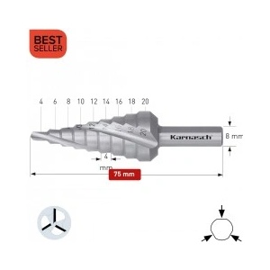 Karnasch Стъпално свредло Ø 4-20 mm (x 4 mm), HSS-XE без покритие, 3x спирален канал, BESTSELLER (1426)