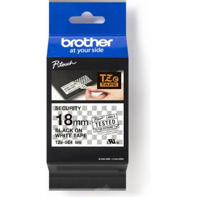 Brother TZe-SE4 Pro Tape, 18mm x 8m, бял печат/черен фон, оригинална лента (TZESE4)