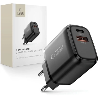Tech-Protect nca65w-gan мрежово зарядно устройство с 2 порта pd 65w / qc3.0 черно (5906302339839)