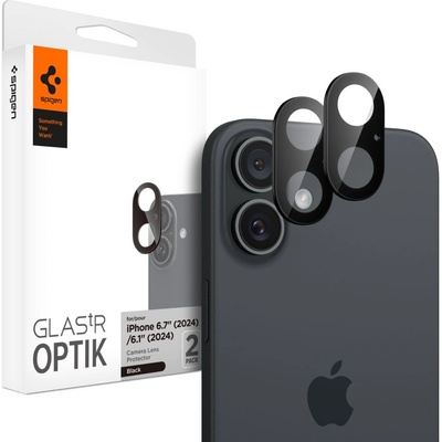 Spigen 2 броя стъклени протектори за камера на iPhone 16 / 16 Plus от Spigen Optik Glas. TR - Черни (8809971228640)