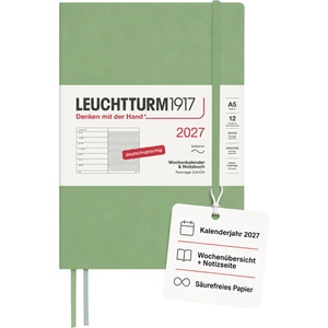 Leuchtturm1917 weekly calendar 2027 medium (A5) with notebook - appointment planner German, sage, soft cover, January-December 2027, weekly overview on the left + note page on the right - 400071 (400071)