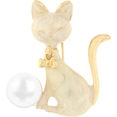 Biju brož glazurovaná kočka s umělou perlou bílá 9001361-1