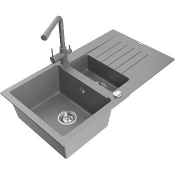 Mexen Matias гранитна мивка 1, 5-коморна с отцедник и кухненски смесител Duero, сив - 6502-71-671600-71 (6502-71-671600-71)
