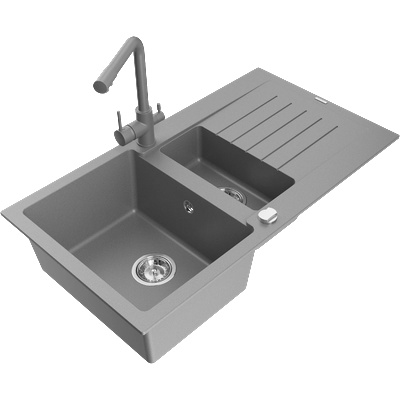 Mexen Matias гранитна мивка 1, 5-коморна с отцедник и кухненски смесител Duero, сив - 6502-71-671600-71 (6502-71-671600-71)
