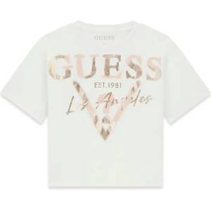 GUESS Бяла къса тениска за момиче с лъскав голям надпис и лого Guess