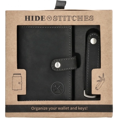 Hide & Stitches Darčeková sada pre mužov kožená peňaženka a kľúčenka Idaho čierna