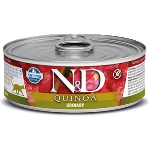 Farmina N&D Quinoa Cat Urinary за котки в зряла възраст за намаляване на повторната поява на струвити камъни и заболявания на долните пикочни пътища 80gr