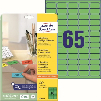 Avery Zweckform L4792-20 Barevné snímatelné etikety 38,1x21,2 mm 1300 ks zelené