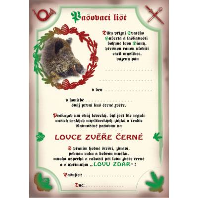 e‑myslivost.cz Pasovací list na lovce zvěře černé - Motiv s personalizací