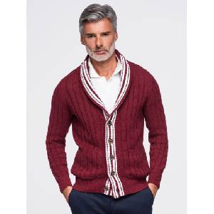 Ombre Clothing Мъжки памучен кардиган със шалов манжет и плетка мотив - винен V5 OM-SWCD-0196 Ombre Clothing Ombre Clothing | Cherven | МЪЖЕ | S