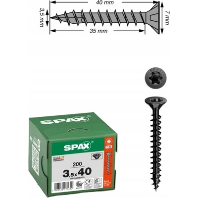 Černé šrouby SPAX 3,5x40 T20 plný závit 200 ks