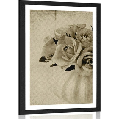 Plakát s paspartou růže ve váze v sépiovém provedení - 40x60 silver