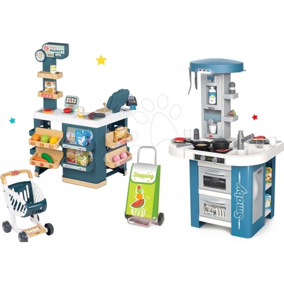 Smoby Set kuchynka s technickým vybavením Tech Edition elektronická so supermarketom a nákupný vozík s taškou