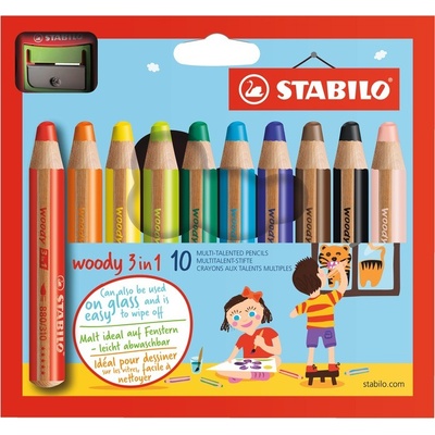 STABILO Barevná pastelka "Woody" 3v1 pastelka vodovka voskovka 10ks Pouzdro – Zboží Mobilmania