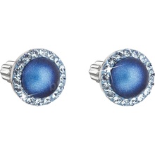 Evolution Group strieborné náušnice kôstka s krištálmi Swarovski a tmavomodrú matnou perlou okrúhle 31314.3