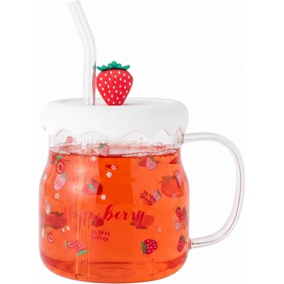 Design Sklenená na nápoje so slamkou a viečkom Altom Jahody 600 ml
