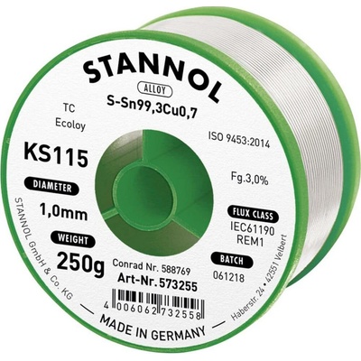 Stannol KS115 bezolovnatý pájecí cín cívka Sn99,3Cu0,7 ROM1 250 g 1 mm