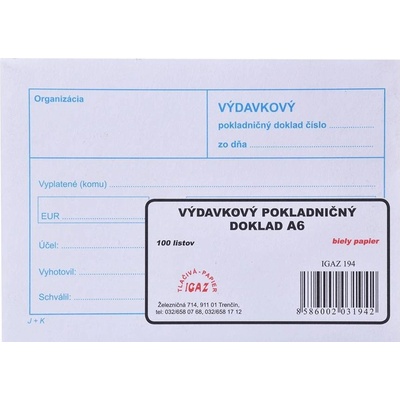 Igaz 194 Výdavkový pokladničný doklad bez DPH 100 l.