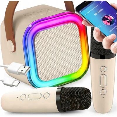 Přenosný Bluetooth béžový 3 W s funkcí karaoke a 2 mikrofony