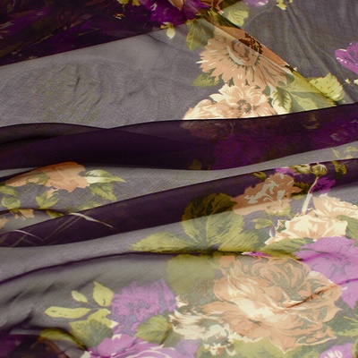 Hedvábný šifon fialový, květinový vzor, š.135