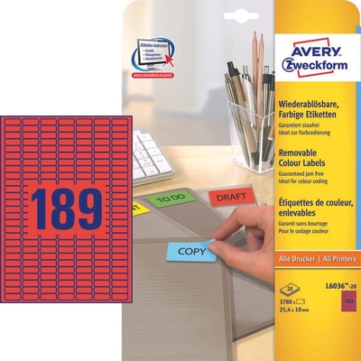 Avery Zweckform Mini etikety 20 listů červené 25,4 x 10 mm L6036-20