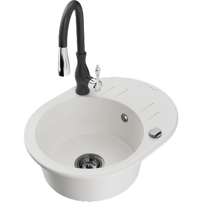 Mexen Kevin гранитна мивка с 1 корито с отцедник и кухненски смесител Savita, бял - 6517-20-672601-70 (6517-20-672601-70)