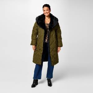 Biba Дамско яке Biba Womens Water Resistant Faux Fur Collar Long Sleeve Short Puffer Jacket - Khaki
